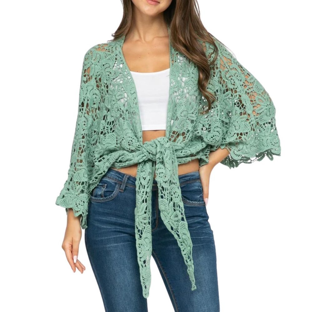 Crochet Floral Petal Kimono Wrap Boho Cotton Shawl 1 Size Black Mocha Rust Mint - Picture 2 of 7